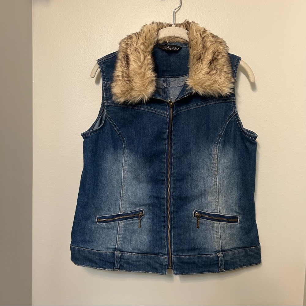 Baccini Womens Blue Denim Vest Removable Faux Fur Collar Size L Y2K Zip‎ Front